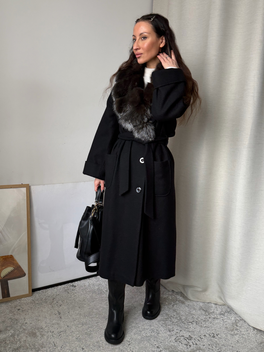 Пальто с натуральным мехом соболя Evgeniya Furs, S