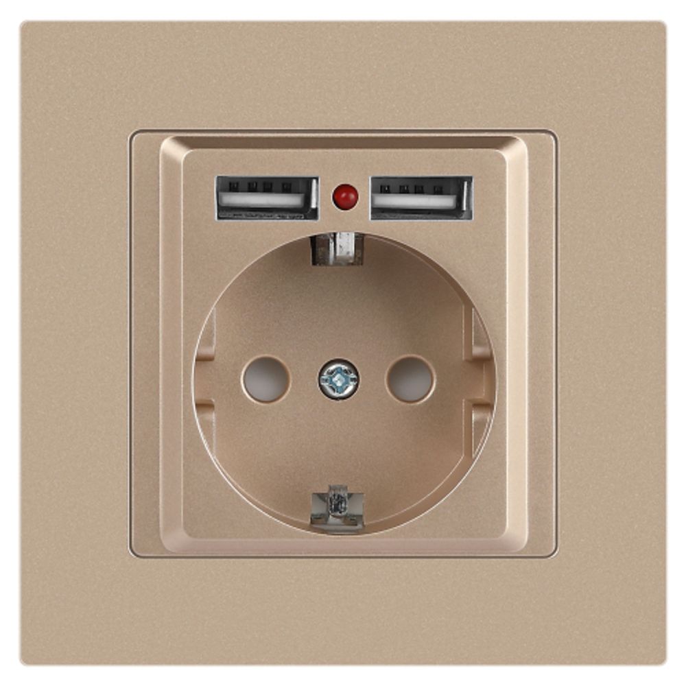 Розетка Intro Accent 6-410-04 с заземлением 2P+E Schuko со шторками 16А-250В + 2хUSB IP20 СУ шампань