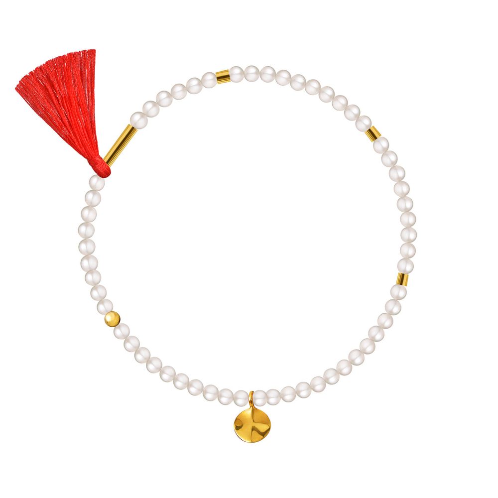 браслет из круглого жемчуга с красной кистью и позолотой