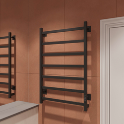Полотенцесушитель электрический EWRIKA Пенелопа КВ7 80x55 см, подключение справа, слева, скрытое подключение справа, матовый черный, лесенка, из стали