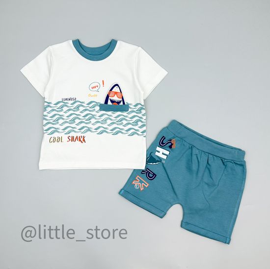 Комплект хлопковый "Sos, Shark" белый/бирюзовый