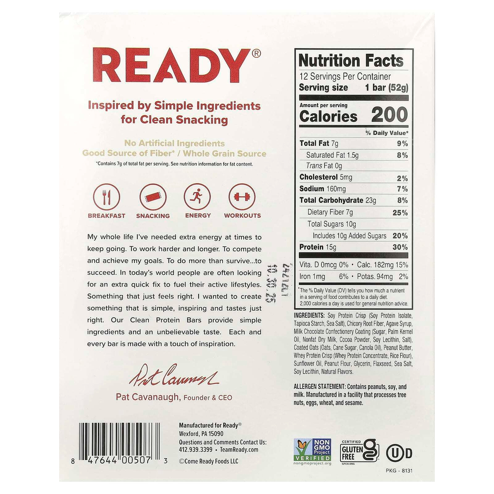 Ready, Clean Protein Bar, шоколадно-арахисовая паста, 12 батончиков, 52 г (1,83 унции)