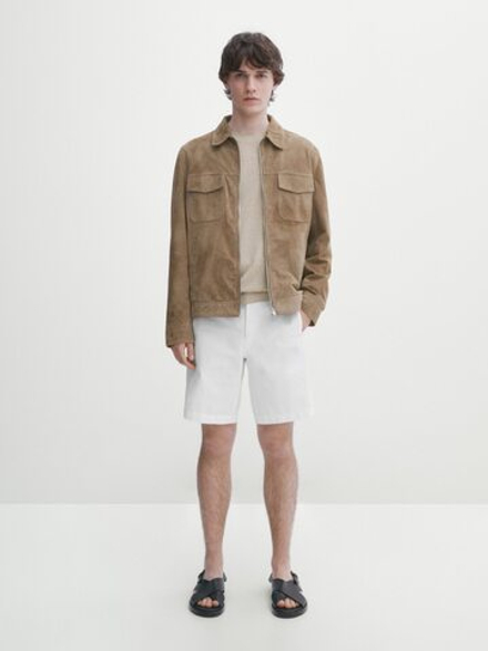 Massimo Dutti Шорты из хлопка и льна на шнурках, натуральный, кремовый