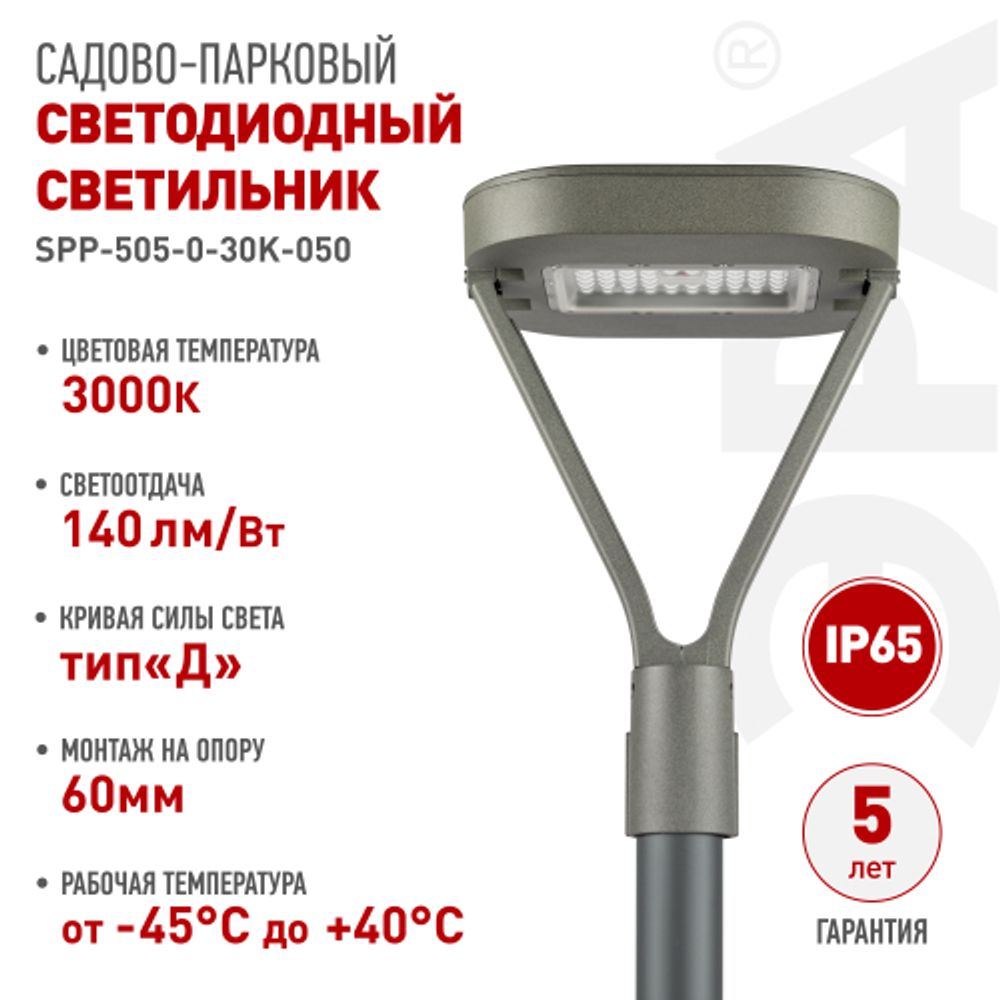 Светильник светодиодный садово-парковый ЭРА SPP-505-0-30K-050 50Вт 3000K IP65 серый | Садово-парковые светильники