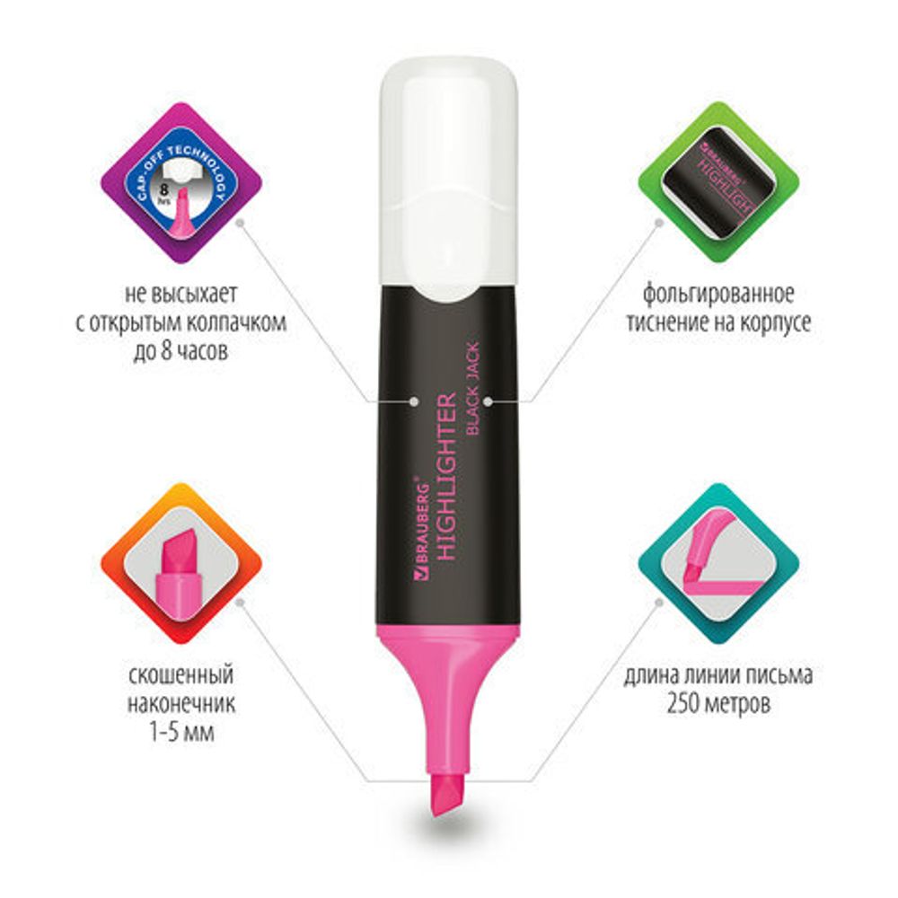 Текстовыделитель BRAUBERG "BLACK JACK", РОЗОВЫЙ, линия 1-5 мм, 151896