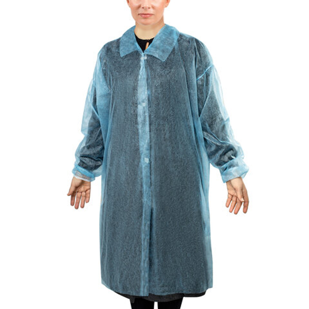 Халат одноразовый голубой на липучках КОМПЛЕКТ 10 шт., XXL, 56-58 размер, 110 см, рукав на резинке, 20 г/м2 СНАБЛАЙН