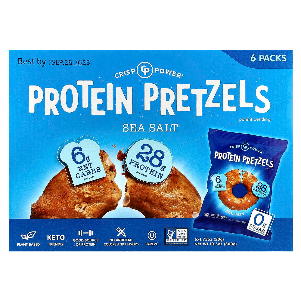 Crisp Power, Протеиновые крендели, морская соль, 6 пакетиков по 50 г (1,75 унции)