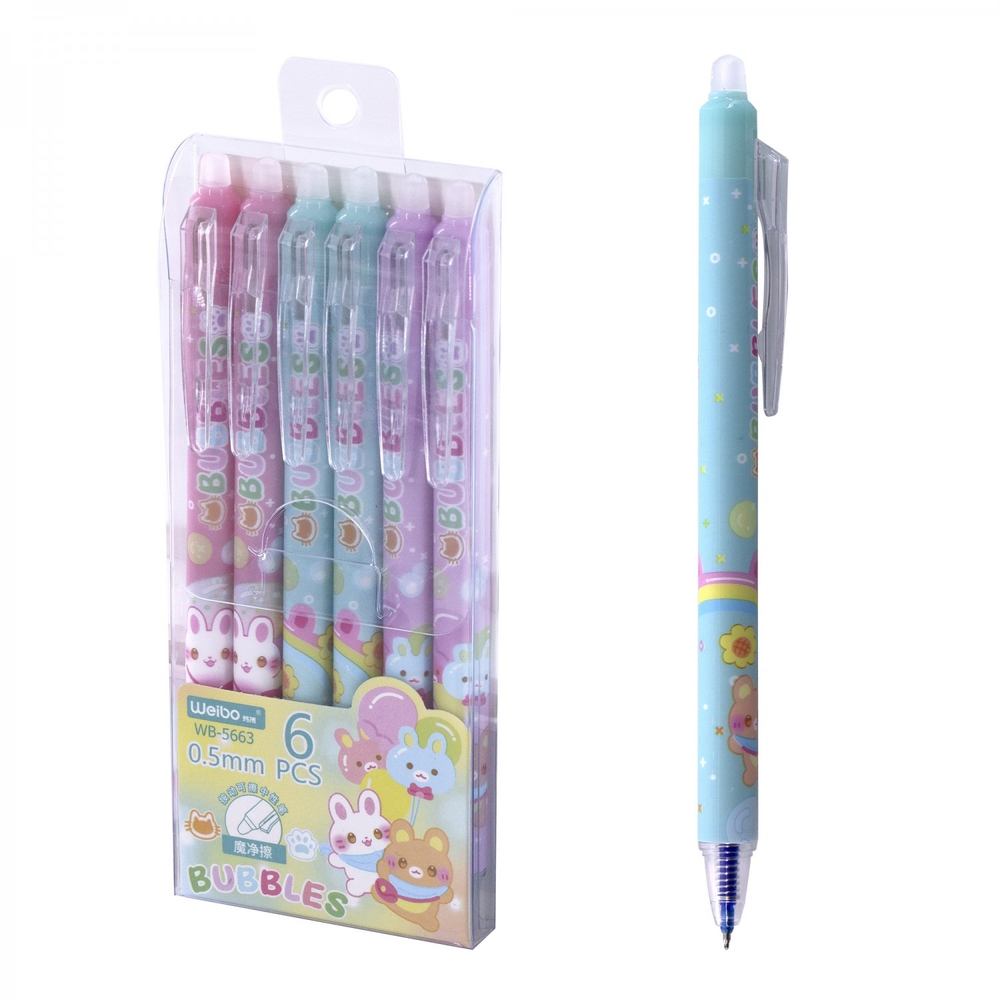 Ручка гелевая пиши-стирай, автоматическая Alingar "Зайчики", 0,5мм, синяя, игольчатый наконечник, круглый цветной пластиковый корпус, пласт. уп.