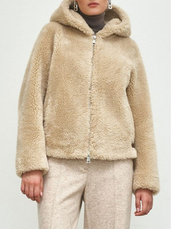 Искусственная шуба с капюшоном, бежевая, Северина