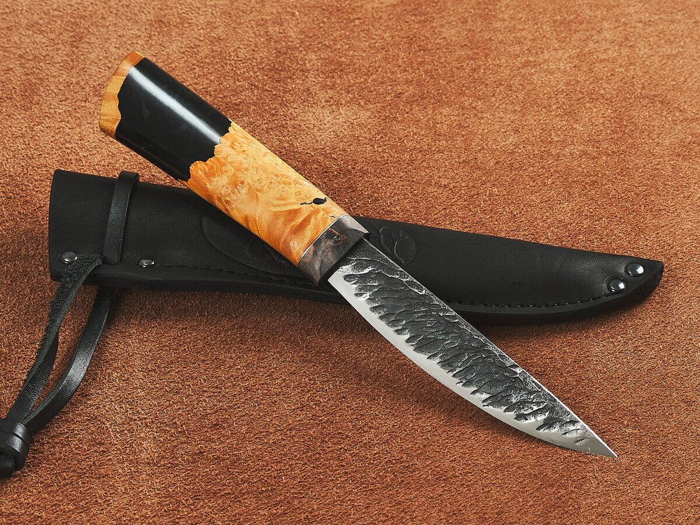 Якутский нож "Амга", сталь Х12МФ, рукоять желтая стабилизированная карельская береза / акрил черный жемчуг