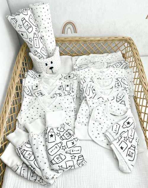 Комплект одежды из 20 предметов «Бутылочки/ Звездочки серые » (утепленный)