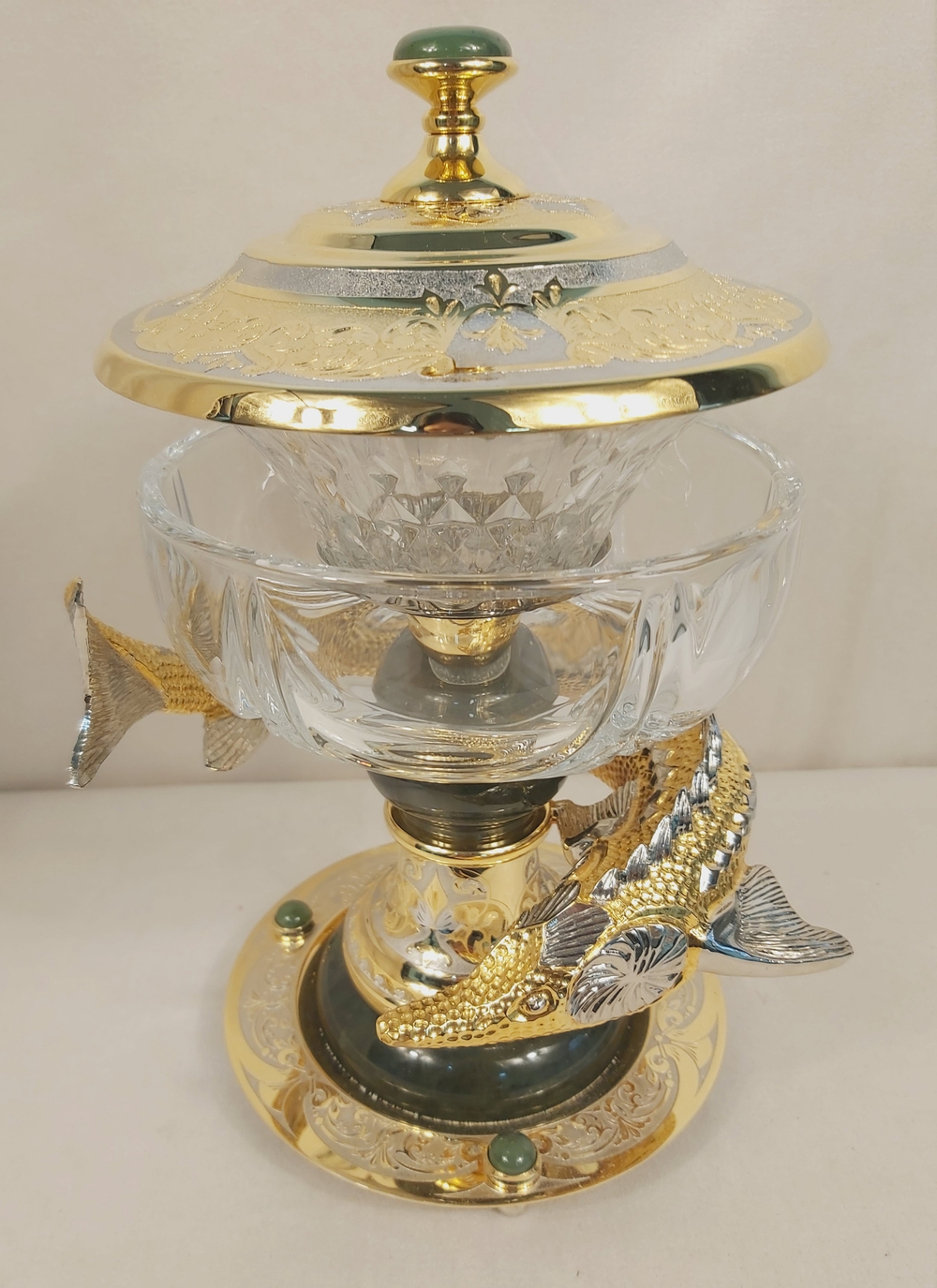 Икорница с ледовницей "Осетр с нефритом (Златоустовская гравюра)