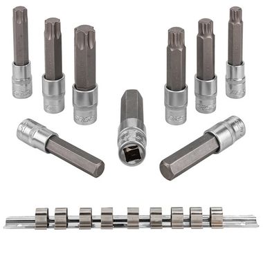 Набор головок-бит разнопрофильных Spline&amp;Torx&amp;Hex, 9 пр.(М14,М16,М18,Т70,Т80,Т100,Н14,Н17,Н19мм, L-100мм) 1/2'', на планке Forsage F-40919L