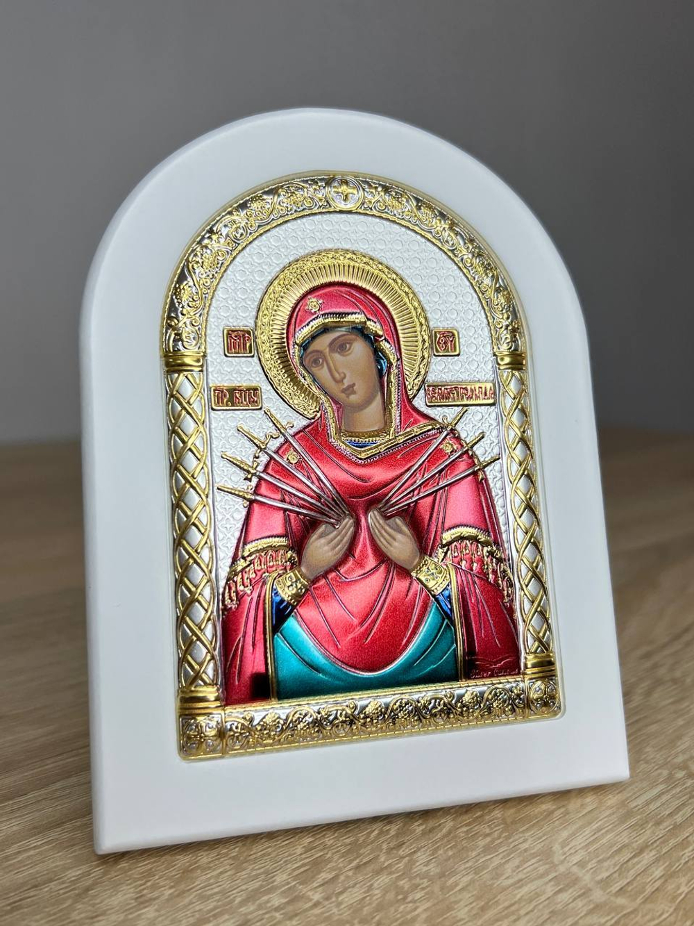 Семистрельная БМ, икона арочная, белое дерево, эмаль 105х140