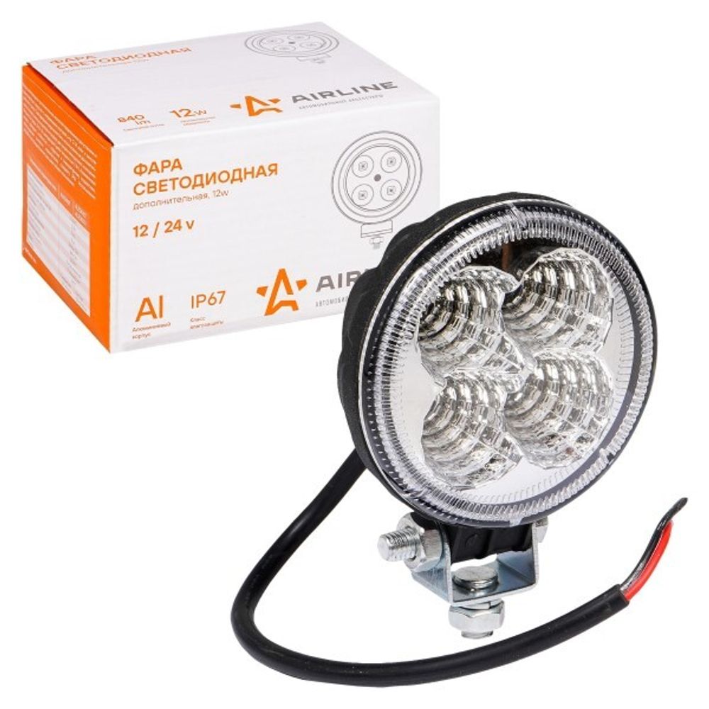 Фара светодиодная дополнительная 4 LED 12W 12-24V (круглая) 83*83*51 рассеянный свет (AIRLINE)