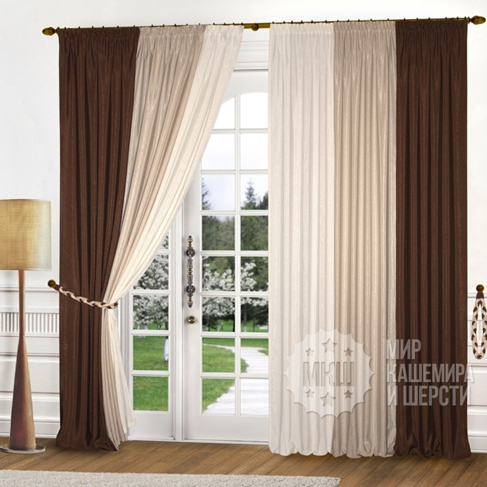 Готовые шторы для гостиной и спальни: Анжелика (арт. А30-314)  - (180х270)х2 см. -  коричневый-беж-молочный