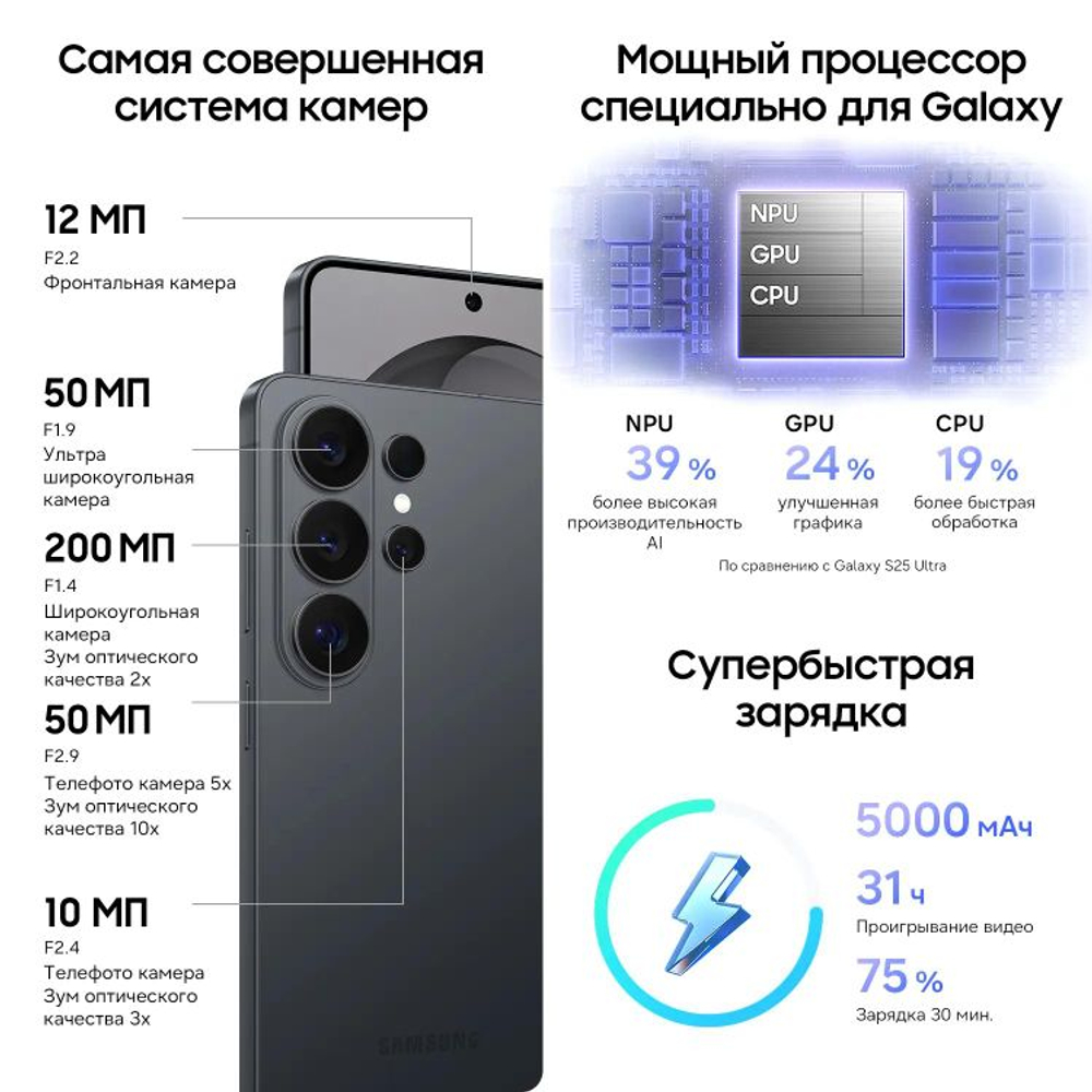 6.9" Смартфон Samsung Galaxy S26 Ultra 16/1Tb,  SM-S948B,  NFC,  AMOLED,  120Гц,  5000мAч,  черный