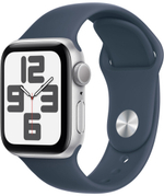 Apple Watch SE 2023, 40 мм, корпус из алюминия серебристого цвета, спортивный ремешок цвета «грозовой синий», размер S/M