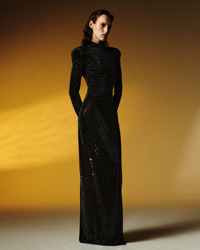 Платье макси из сетки с кристаллами с объемными плечами