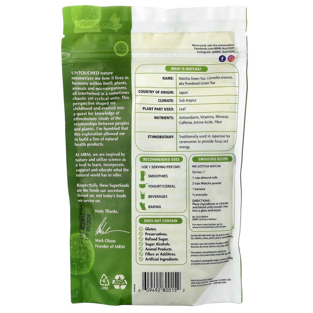 MRM Nutrition, зелёный чай матча в виде порошка, 170 г (6 унций)