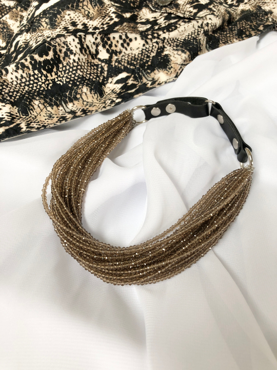 Колье "Венеция" венецианское стекло в оттенке раухтопаз и черная кожа