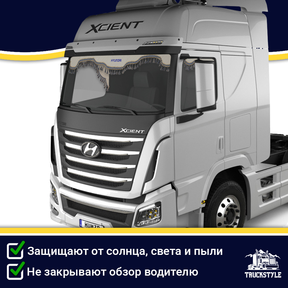 Ламбрекен с косынками двусторонние Hyundai (экокожа, бежевый, синие кисточки)
