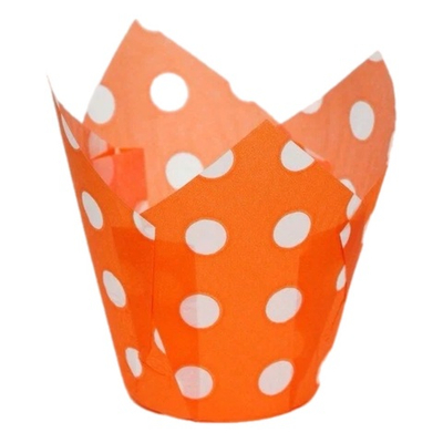 Капсулы-тюльпаны для капкейков 90х50 мм Оранжевые в горошек 10 шт
