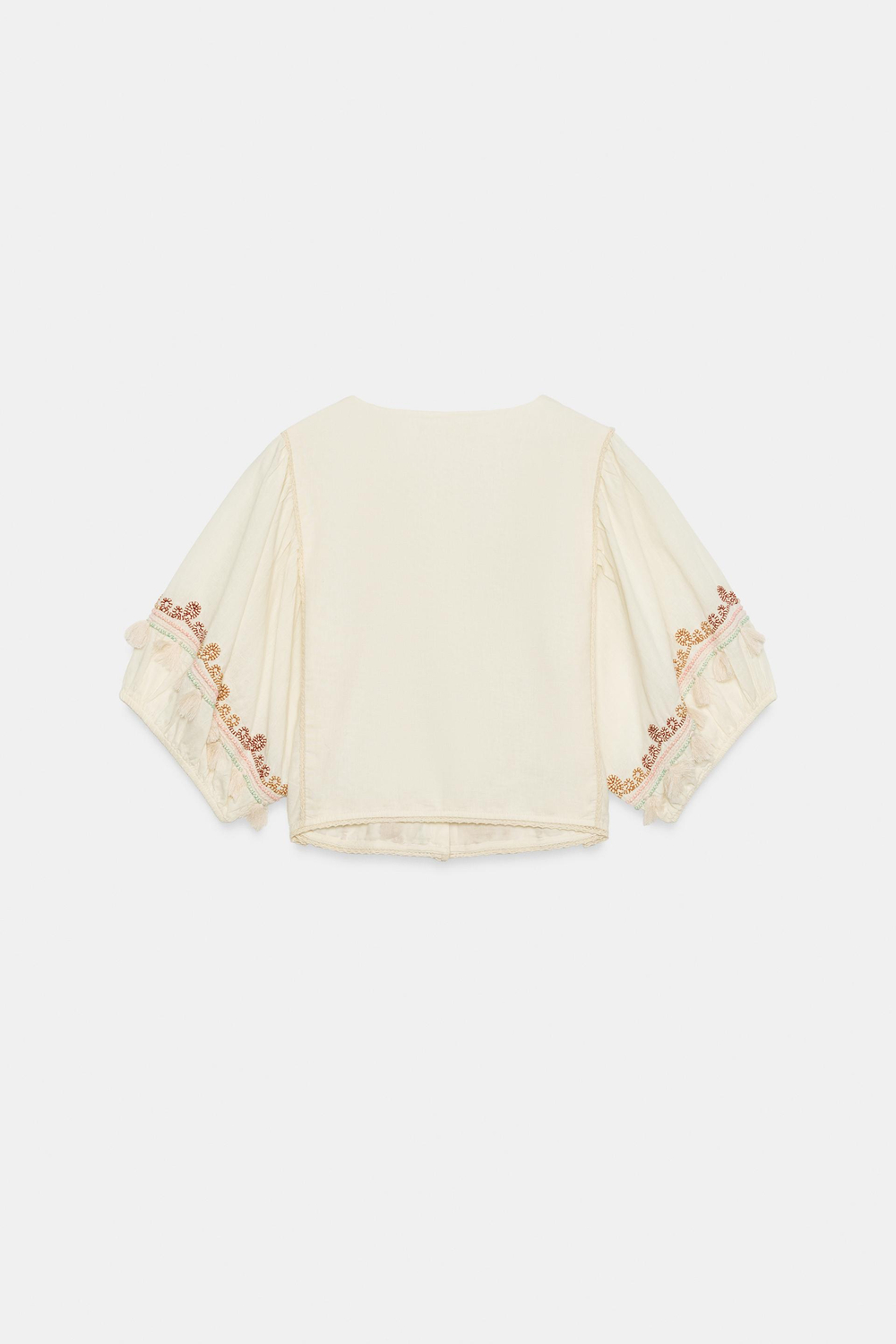 ZARA БЛУЗА С ВЫШИВКОЙ И БАХРОМОЙ, ЭКРЮ
