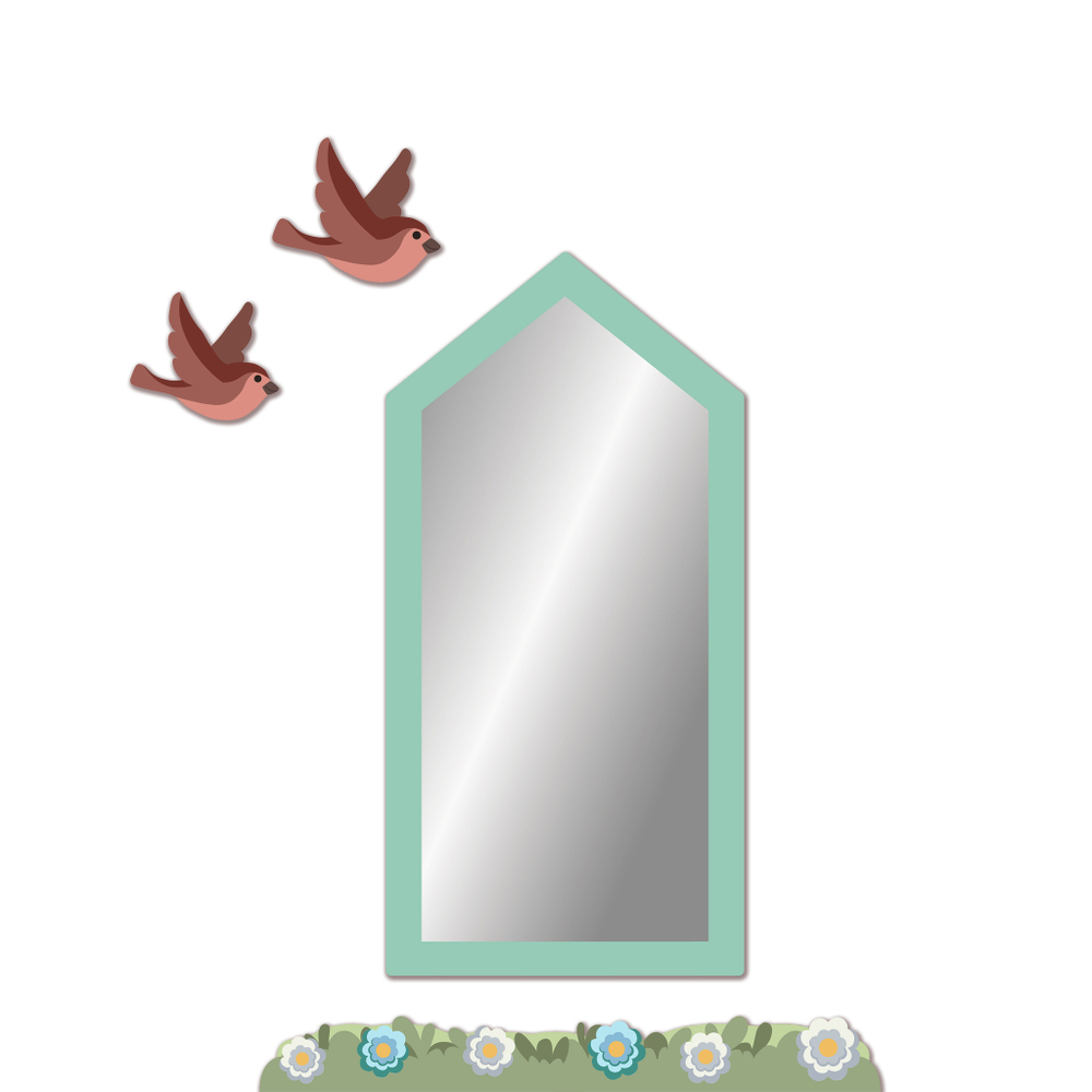 Зеркало-домик Скандик бирюзовое с птичками и цветами