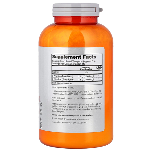 NOW Foods, Sports, аргинин и цитруллин в форме порошка, 340 г (12 унций)