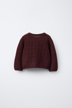 ZARA ВЯЗАНЫЙ АЖУРНЫЙ КАРДИГАН С КАШЕМИРОМ, БАКЛАЖАННЫЙ