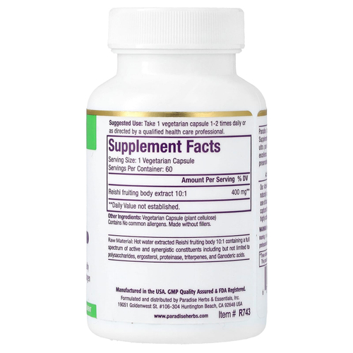Paradise Herbs, Экстракт рейши, 60 вегетарианских капсул (400 мг на капсулу)