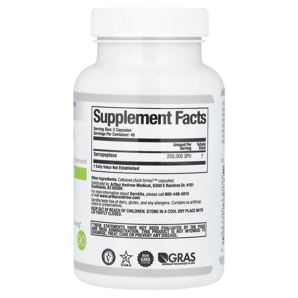 Arthur Andrew Medical, Serretia®, чистая серрапептаза, 90 капсул (125 000 SPU в 1 капсуле)