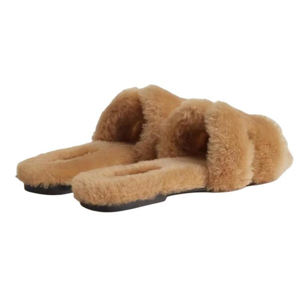 Hermes Oran sheepskin all-match comfortable one-word slippers women's brown, H231288Z 1J
