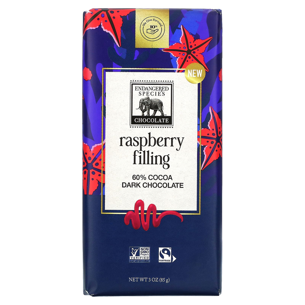 Endangered Species Chocolate, Плитка темного шоколада, малиновая начинка, 60% какао, 85 г (3 унции)