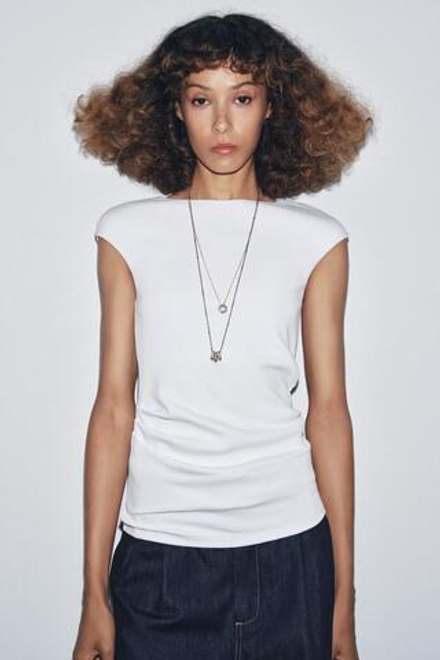 ZARA ТОП В РУБЧИК СО СБОРКАМИ, БЕЛЫЙ