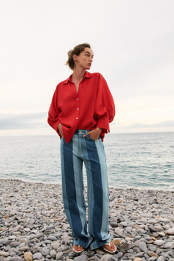 ZARA РУБАШКА ИЗ СМЕСОВОГО ЛЬНА С ОБЪЕМНЫМИ РУКАВАМИ, КРАСНЫЙ