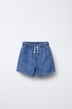 ZARA ДЖИНСОВЫЕ ШОРТЫ С ВЫШИВКОЙ «ПАЛЬМА», СИНИЙ