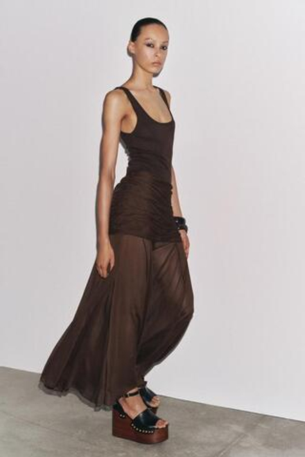 ZARA ЮБКА ПОЛУПРОЗРАЧНАЯ СО СБОРКАМИ ZW COLLECTION, ТЕМНО-КОРИЧНЕВЫЙ