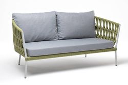 "Диего" диван 2-местный плетеный из роупа, каркас алюминий светло-серый (RAL7035) муар, роуп салатовый меланж круглый, ткань светло-серая