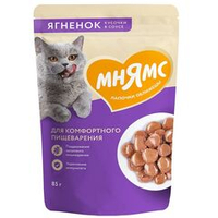 Влажный корм для кошек Мнямс Кусочки в соусе с ягненком для комфортного пищеварения, Пауч 85 г