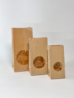 Крафт пакет с окном круг, 120 х 80 х 250 мм, 2 сл., с ламинацией