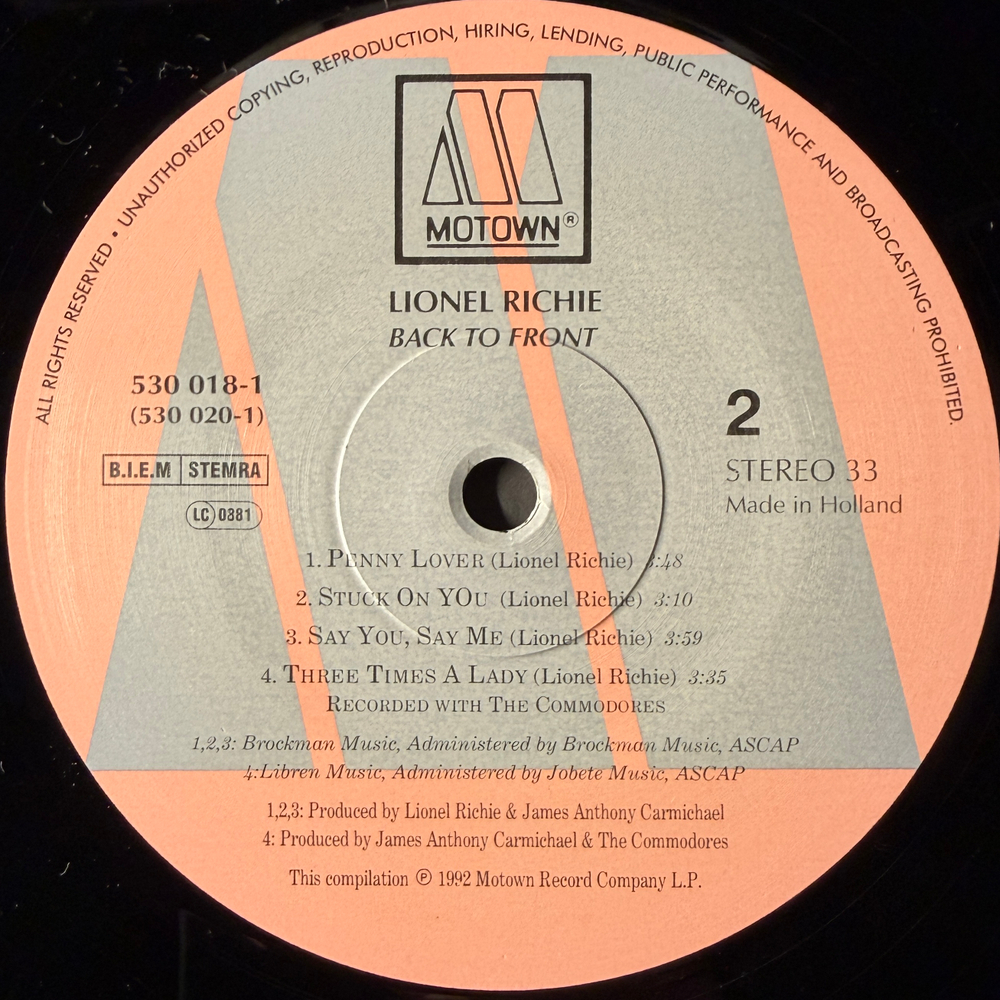 Lionel Richie ‎– Back To Front 2LP (Голландия 1992г.)