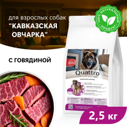 Корм сухой для взрослых собак породы Кавказская овчарка, премиум полнорационный комплекс, с говядиной, 2,5 кг, QUATTRO
