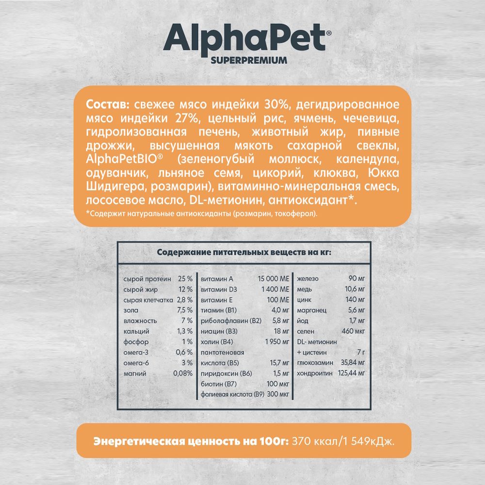 Сухой корм AlphaPet Superpremium MONOPROTEIN для взрослых собак средних и крупных пород из индейки