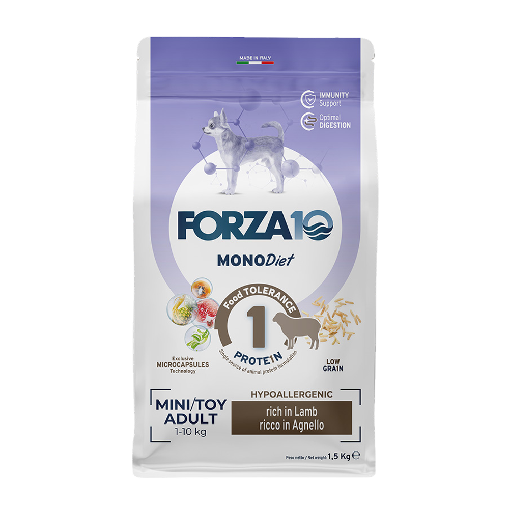 Сухой корм Forza 10 Mini Diet Agnello con Riso для взрослых собак мелких пород, с ягнёнком и рисом, склонных к пищевой аллергии и непереносимости