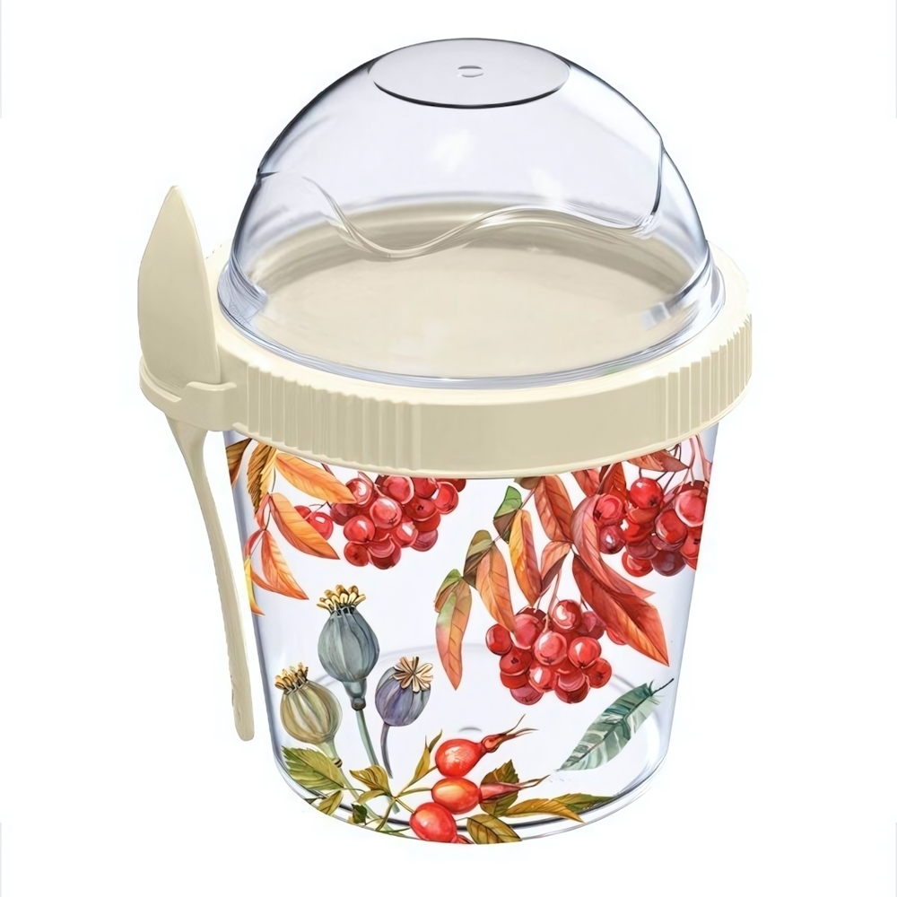 Контейнер для завтрака 450мл с ложкой с декором (светло-бежевый)