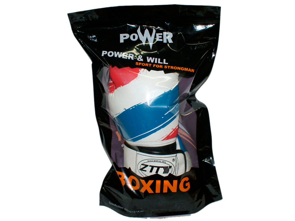 Перчатки боксёрские 14 oz: ZTTY-3G-14-Б Цвет - белый с синими и красными вставками.