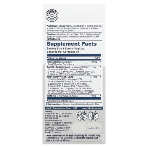 Solaray, Mycrobiome®, полноценный пробиотик, для взрослых старше 50 лет, 30 растительных капсул