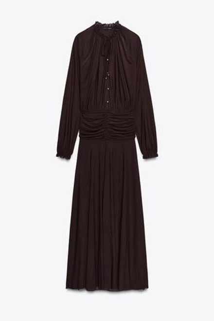 ZARA ДЛИННОЕ ПЛАТЬЕ СО СБОРКАМИ, ТЕМНО-КОРИЧНЕВЫЙ